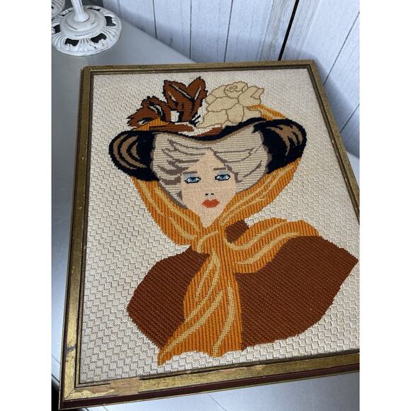 Vintage Victorian Woman Needlepoint Wall Art Large Handmade Decor 80s - Picture 1 of 5